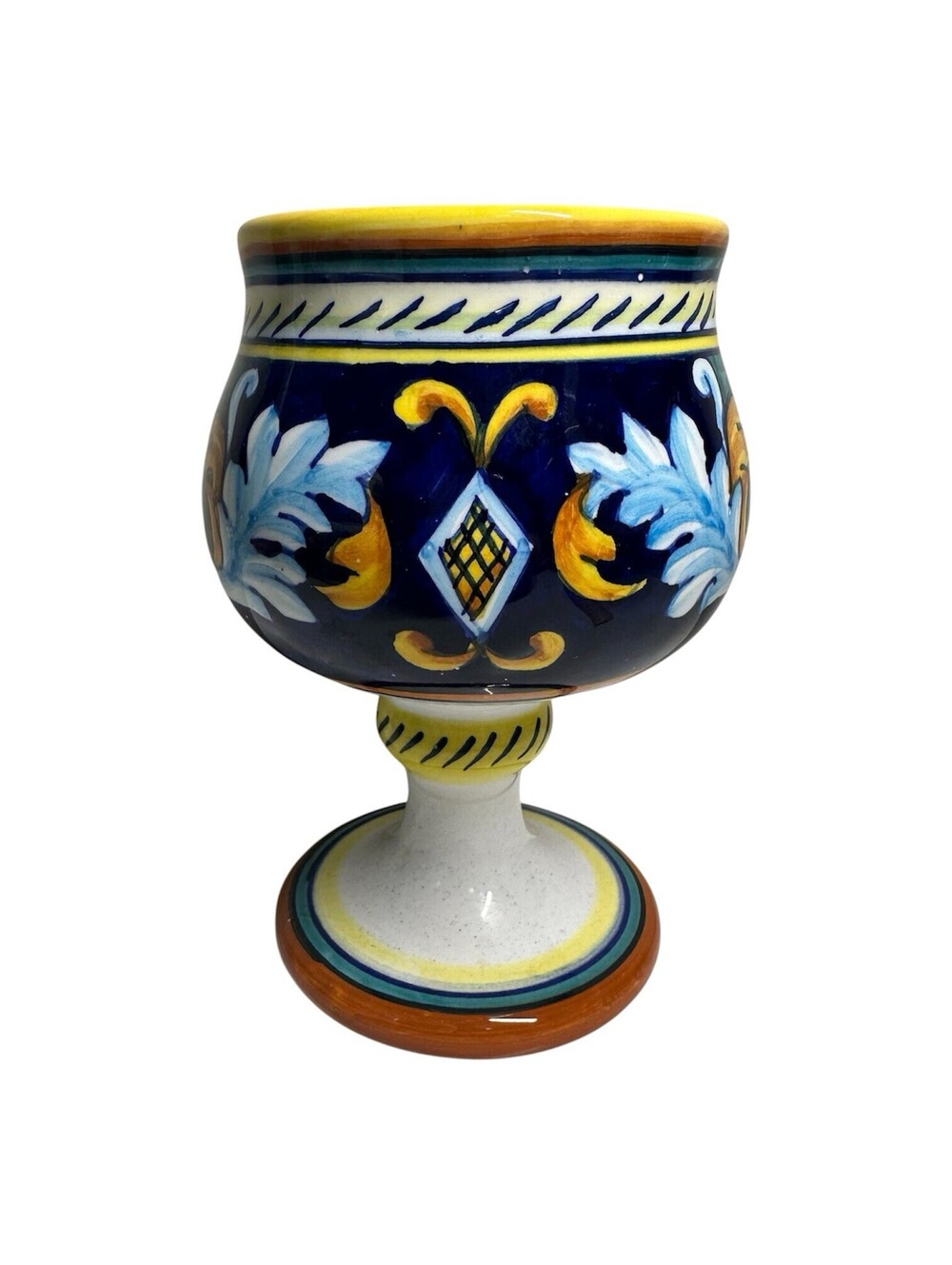 Vintage Italian Deruta Hand Painted Ricco Signed Blue Ceramic Goblet Chalice
